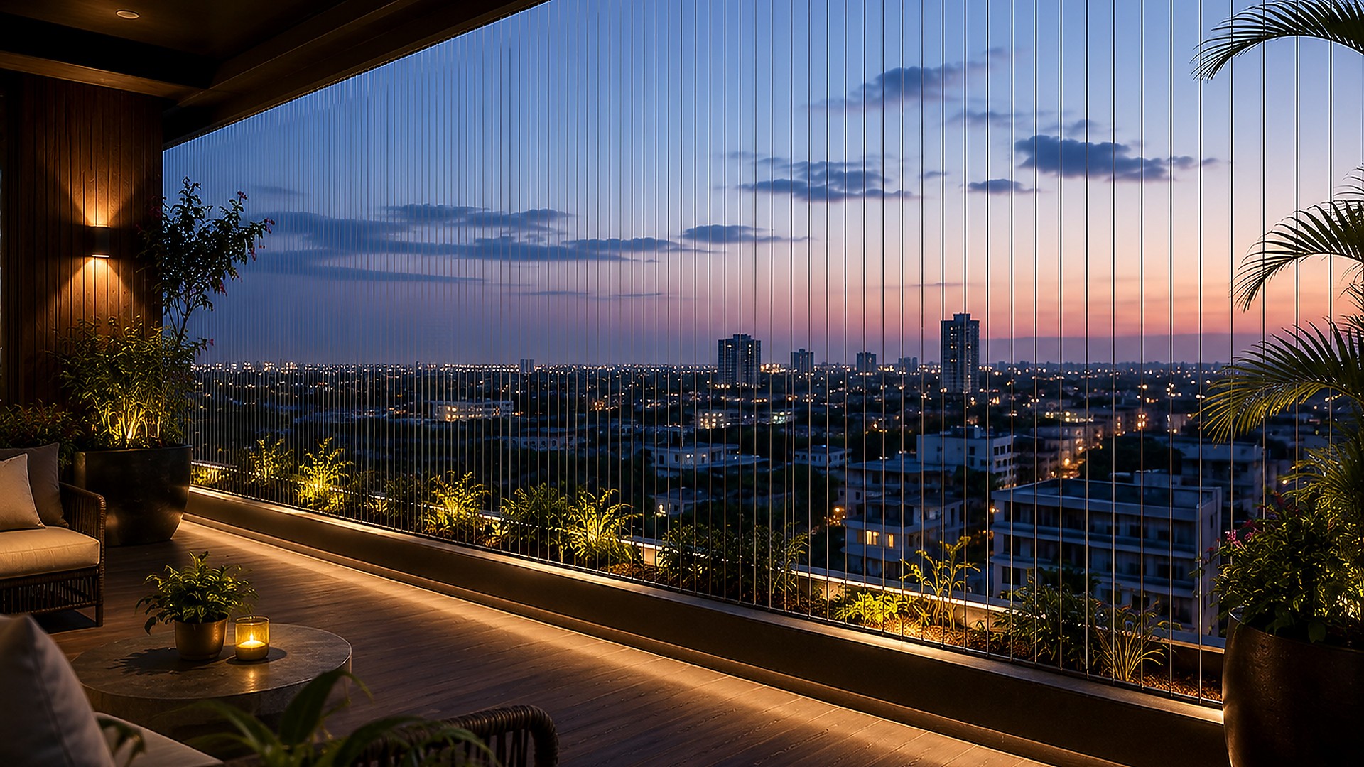 Terrace at night protected by invisible grills