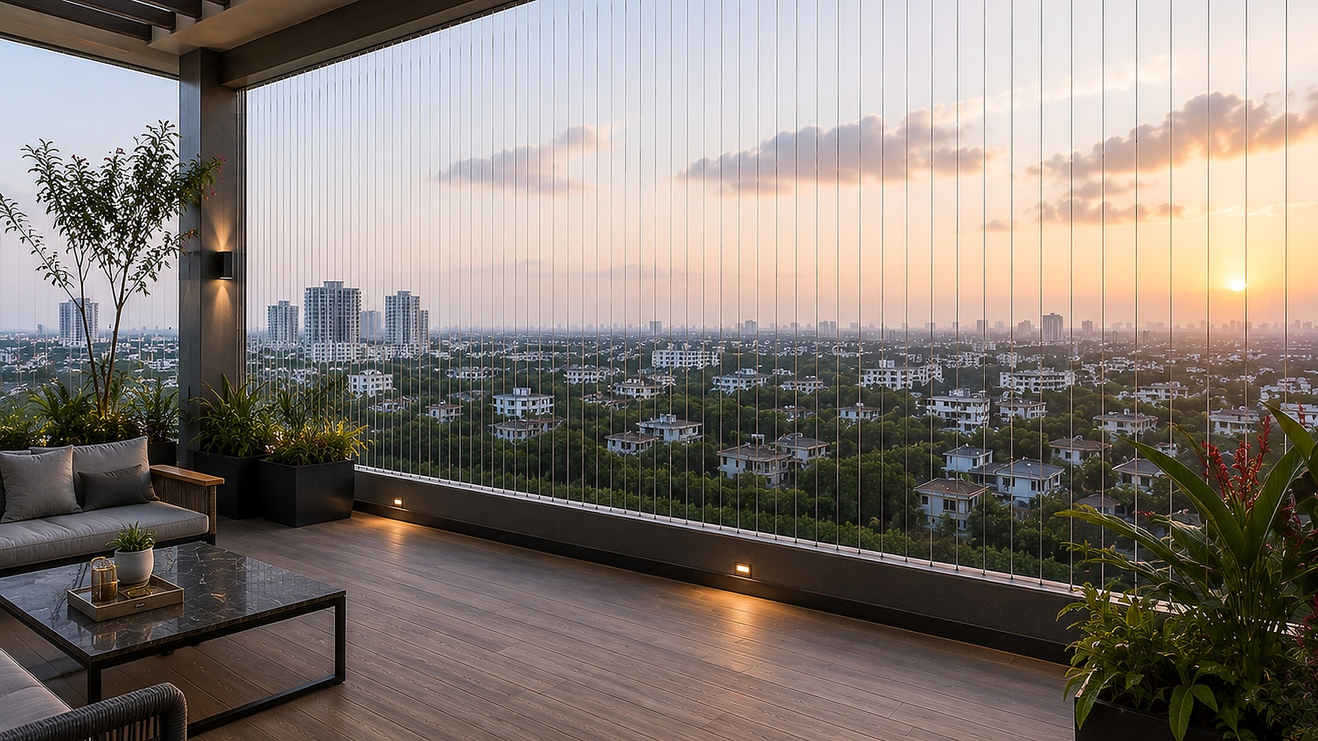 Rooftop terrace with invisible grills at sunset