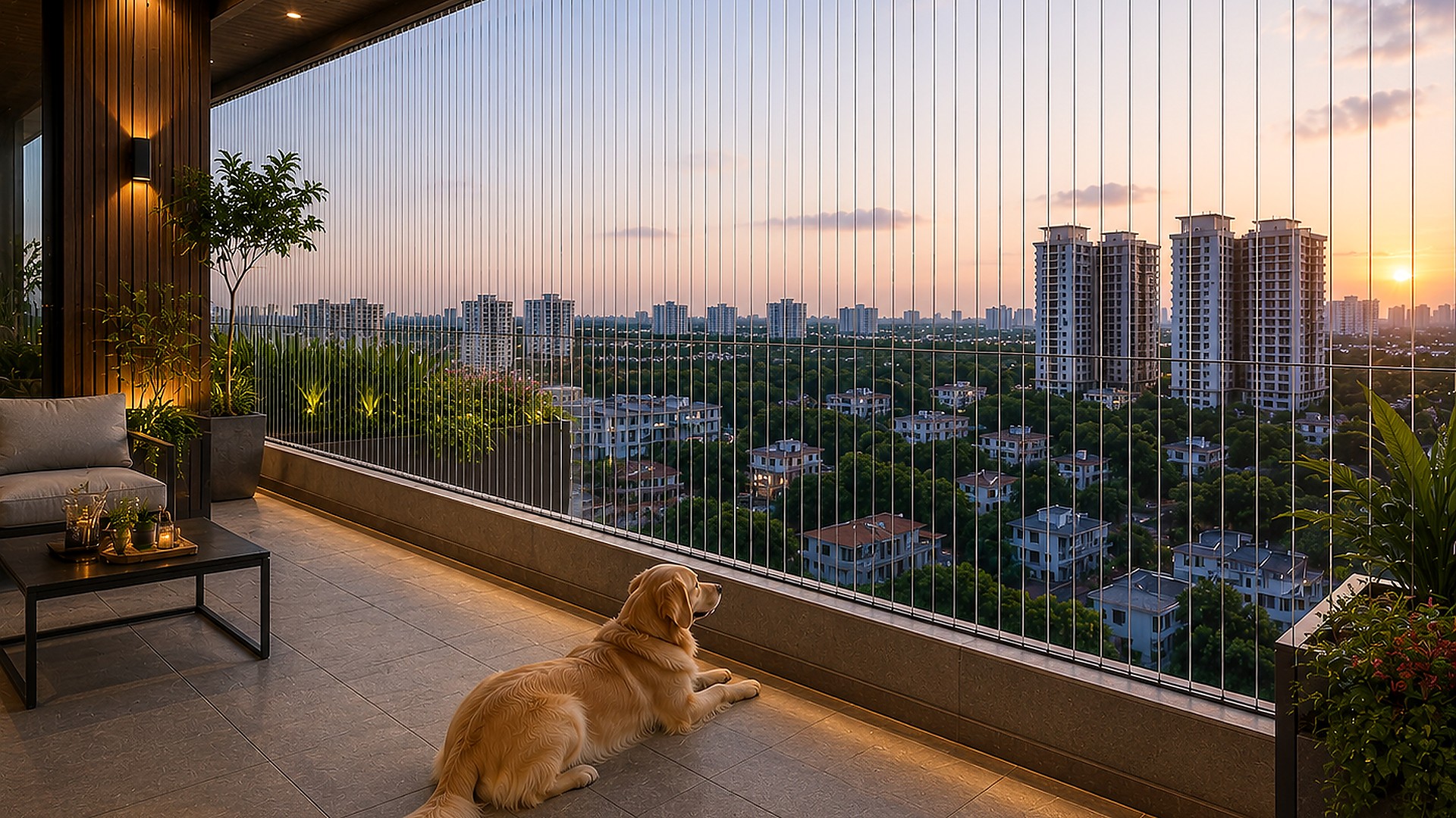 Dog resting safely on a balcony with invisible grills