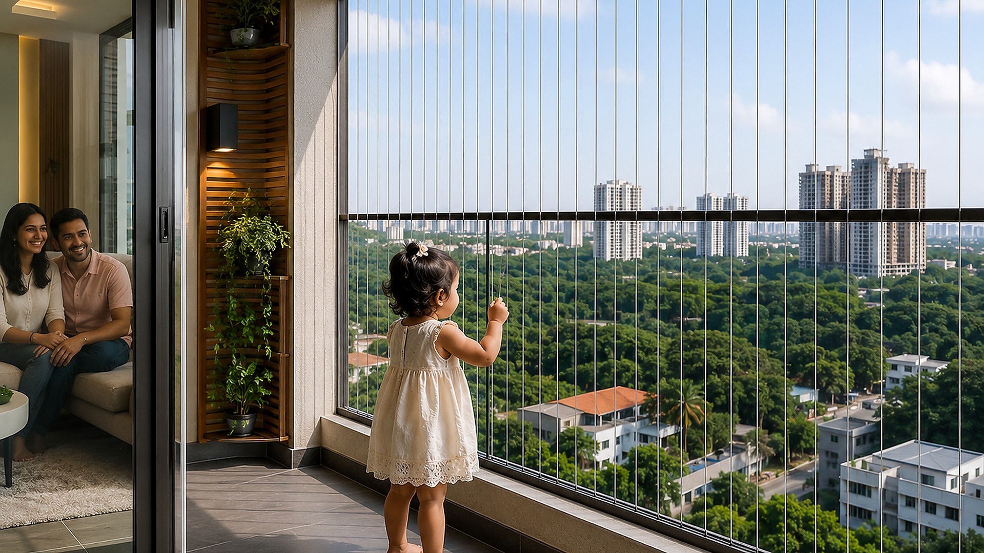 Toddler at a balcony protected by invisible grills